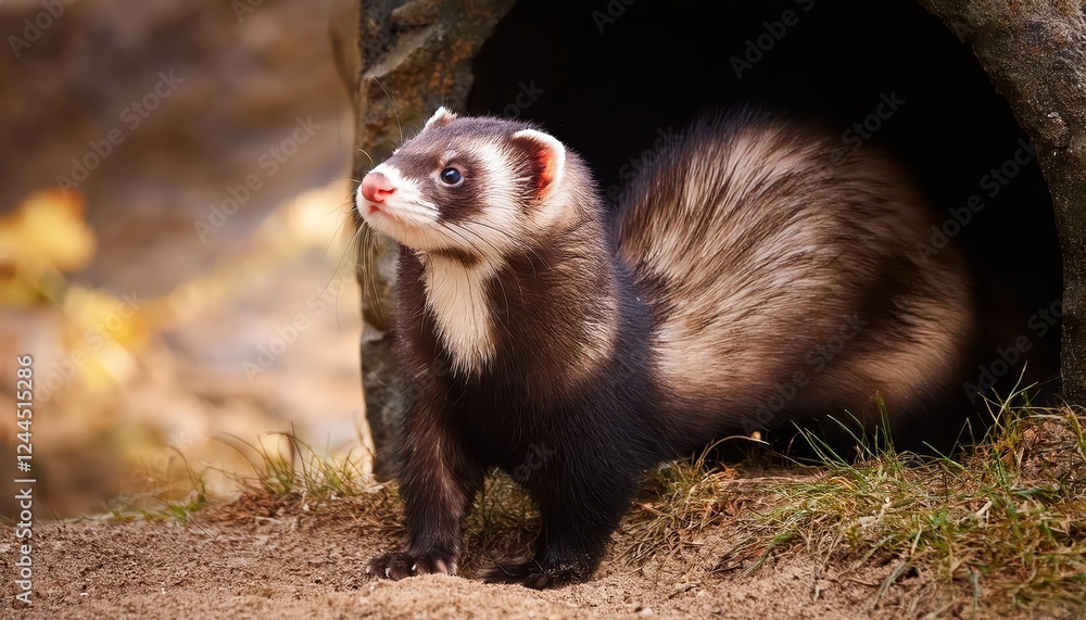 Mysterious Nocturnal Mammal A Sleek Black Ferret Silhouetted Against the Entrance of Its Burrow, Under a Moonlit Forest Backdrop. Mysterious Nocturnal Mammal A Sleek Black Ferret Silhouetted Against the Entrance of Its Burrow, Under a Moonlit Forest Backdrop.