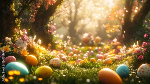 Easter egg hunt with vibrant colorful eggs hidden in a garden, soft spring lighting --ar 16:9 --stylize 250 --v 6.1 Job ID: fd29c9ab-ac32-4e27-a2dc-f173ed624c61