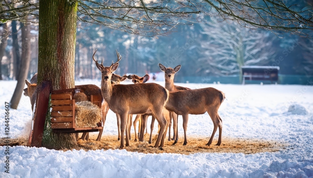 Fototapeta premium Wild Deer Grazing at Winter Feeding Station Captivating Moment of Natures Grace in Snowy Germany