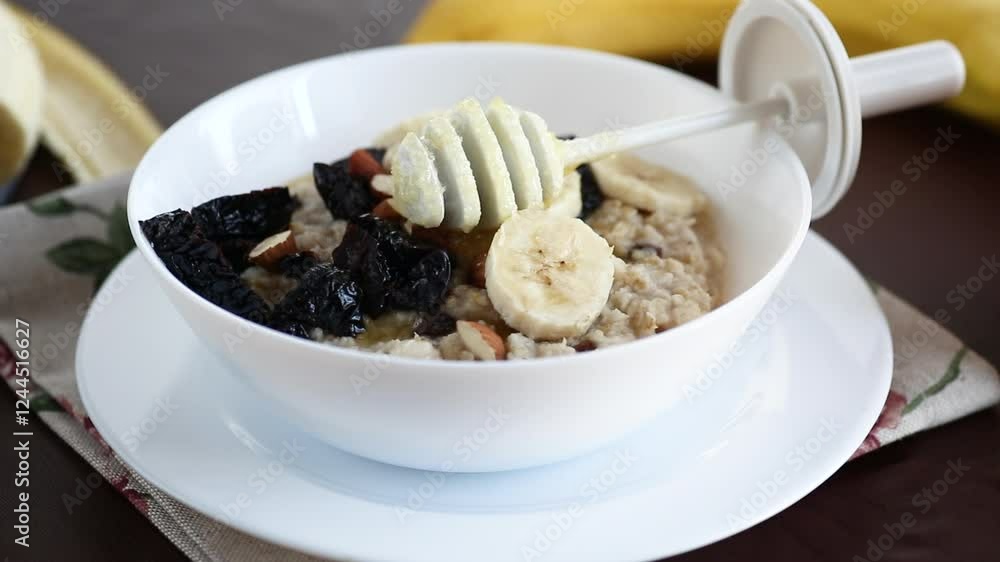 Energy breakfast with oatmeal, honey and dried fruits Energy breakfast with oatmeal, honey and dried fruits