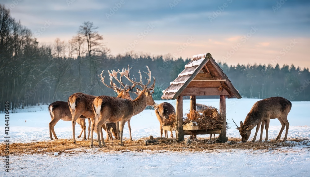 Naklejka premium Serene Winter Scene Deer Gathering at a Feeding Station amidst Snowy German Forest Backdrop, Capturing the Tranquility and Beauty of Wildlife in Winter.