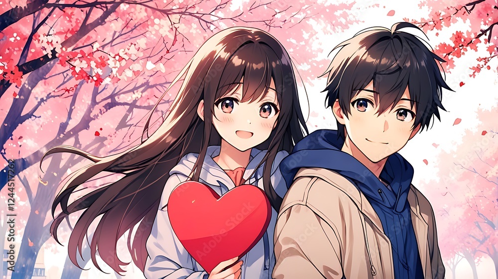 Fototapeta premium Two anime cute couple in love share a romantic heart, their faces beaming with happiness