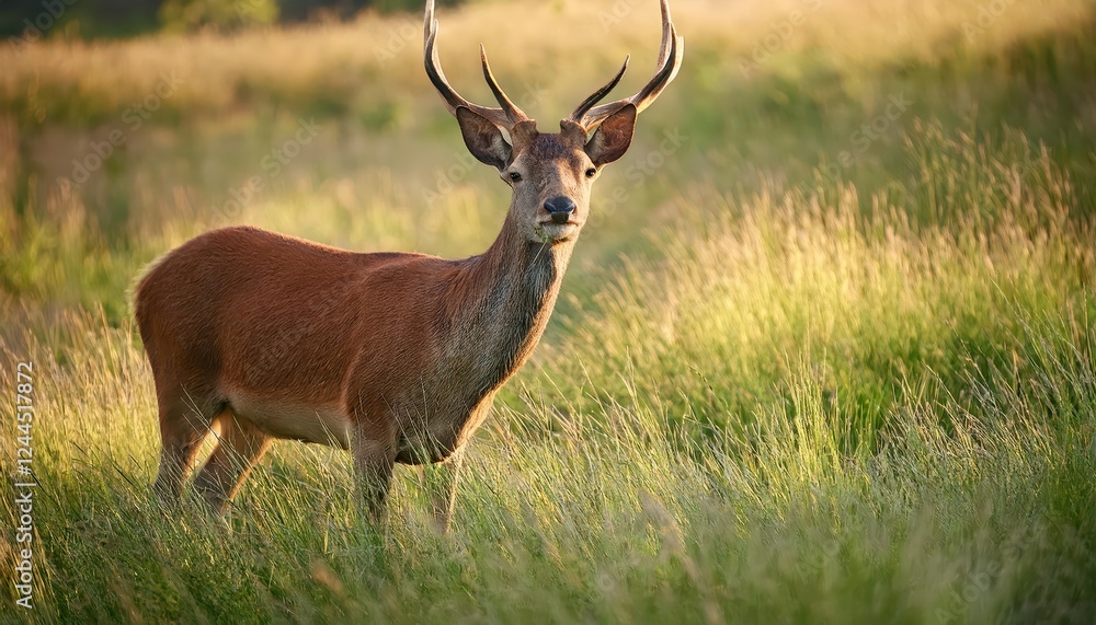 Striking Deer in Lush Grassland at Dawn Majestic Mammal Bathed in Soft Light Amidst Green Pastures, Capturing the Peaceful Serenity of a New Day Striking Deer in Lush Grassland at Dawn Majestic Mammal Bathed in Soft Light Amidst Green Pastures, Capturing the Peaceful Serenity of a New Day