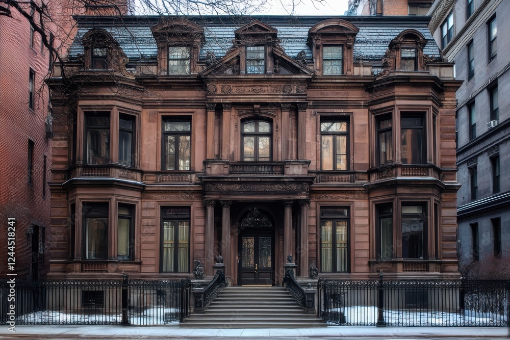 Obraz premium Grand brownstone mansion on a snowy day.
