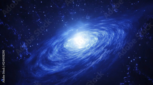 Cosmic spiral galaxy with radiant blue and purple hues, swirling gaseous clouds illuminated by distant stars, a breathtaking deep-space astrophotography composition