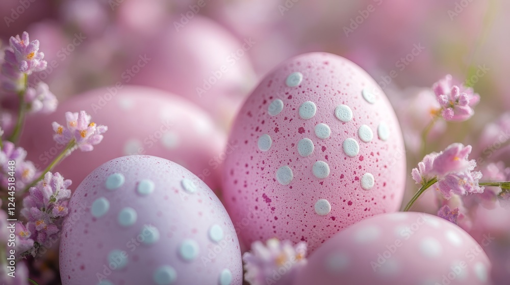 A close-up of Easter egg decorations in shades of lavender, mint, and soft pink A close-up of Easter egg decorations in shades of lavender, mint, and soft pink