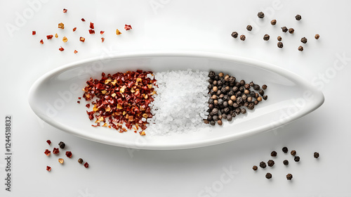 An elegant presentation of red chili flakes, black peppercorns, and salt crystals arranged in a perfect pattern on a white porcelain dish, emphasizing symmetry and balance.