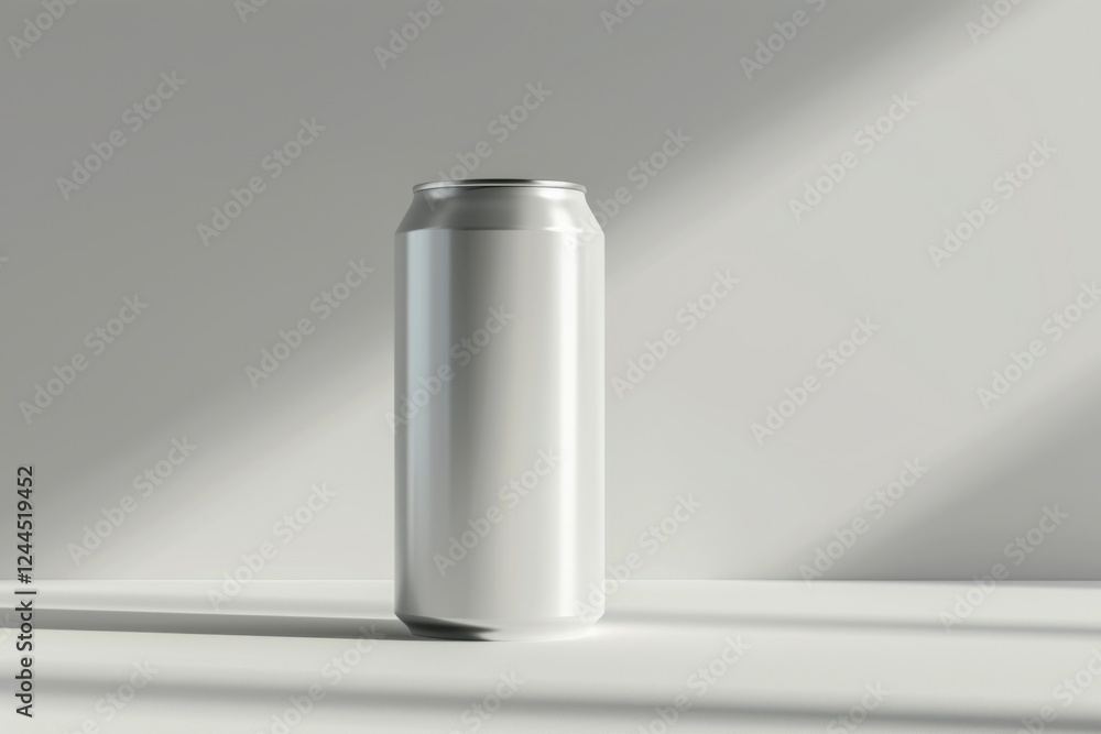 High-quality vector artwork of a white aluminum drink can, showcasing a polished metallic finish and precise lines, against a light gradient background High-quality vector artwork of a white aluminum drink can, showcasing a polished metallic finish and precise lines, against a light gradient background
