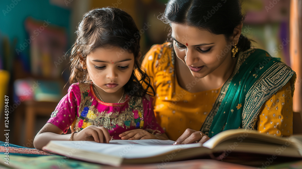 Fototapeta premium Homeschooling Indian mother guiding daughter while reading, sharing educational moment in comfortable home learning setting