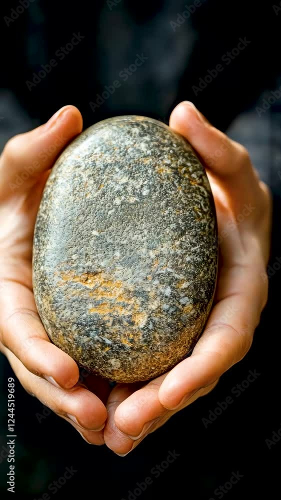 Holding a smooth stone shaped like an egg Holding a smooth stone shaped like an egg