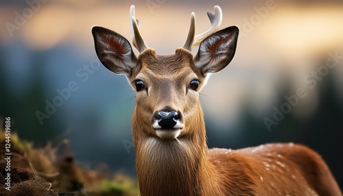 Majestic Stag Standing Alone amidst the Twilight Silence of a SnowCovered Winter Forest, Bathed in Soft Blue Light. photo