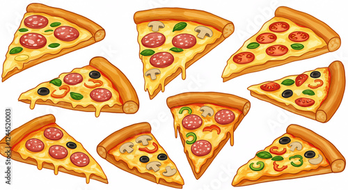 Eight slices of pizza with diverse toppings arranged in a circle