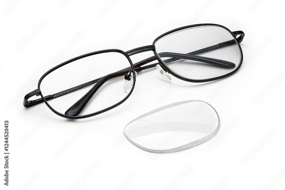 Modern Black Framed Reading Glasses Faulty Lens Popped Out Isolated on White Background Modern Black Framed Reading Glasses Faulty Lens Popped Out Isolated on White Background