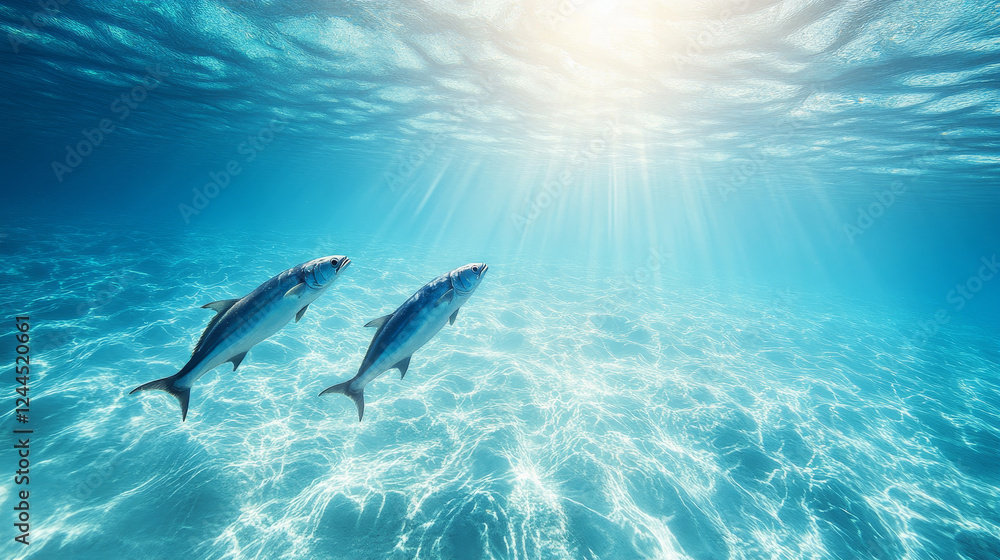 Fototapeta premium Ocean Ballet: Mackerel in Motion Through Sunlit Waters