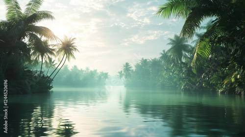 Wallpaper Mural Green foliage mirroring tranquil Kerala backwaters, soft morning mist blanketing scenic waterway landscape at daybreak Torontodigital.ca