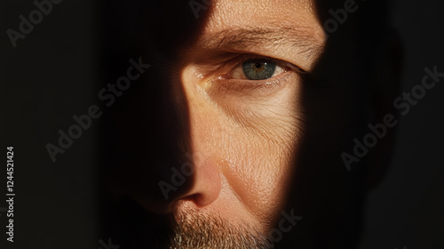 close up of man eye partially obscured by shadow, creating dramatic effect