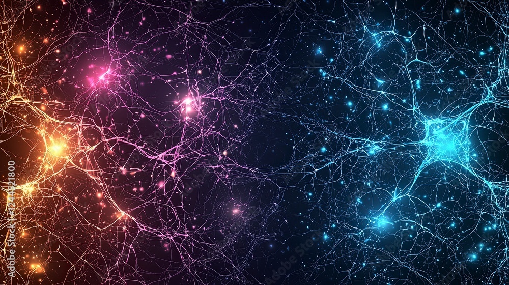 Abstract digital illustration of interconnected neural networks with vibrant orange and blue nodes against a dark background. Abstract digital illustration of interconnected neural networks with vibrant orange and blue nodes against a dark background.