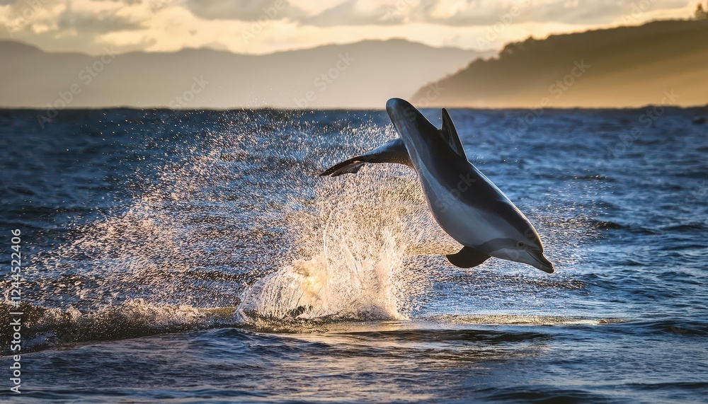Fototapeta premium Stunning Leap of a Dolphin Amidst Crystalclear Waters in the Majestic Ocean off Tasmania, Australia Captured at Sunrise on January,