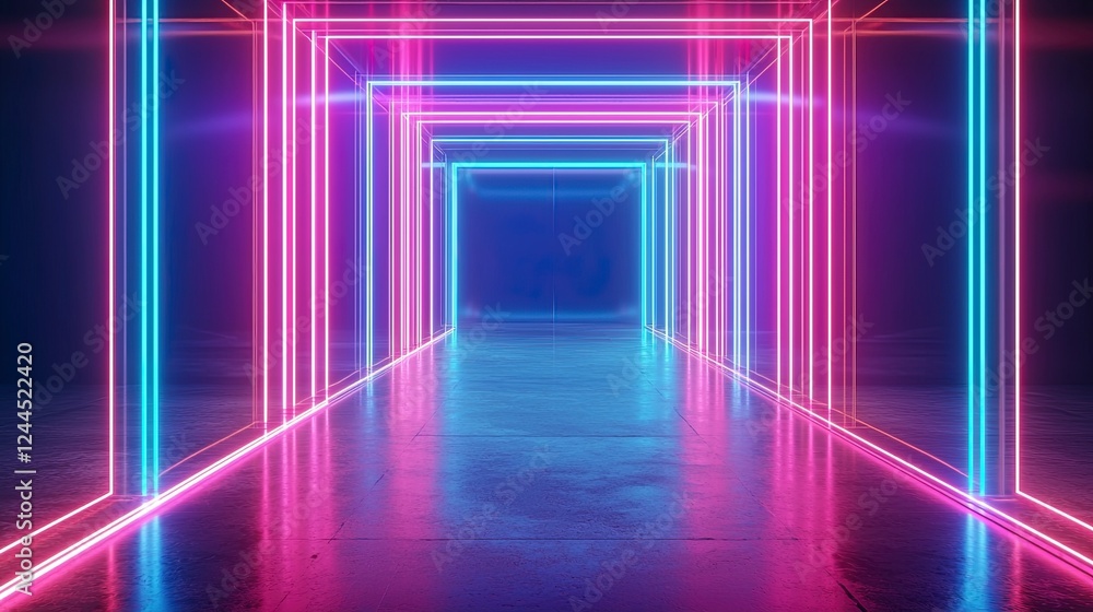 Vibrant neon lights create a futuristic corridor, enhancing a sense of depth and energy in a visually captivating space. Vibrant neon lights create a futuristic corridor, enhancing a sense of depth and energy in a visually captivating space.