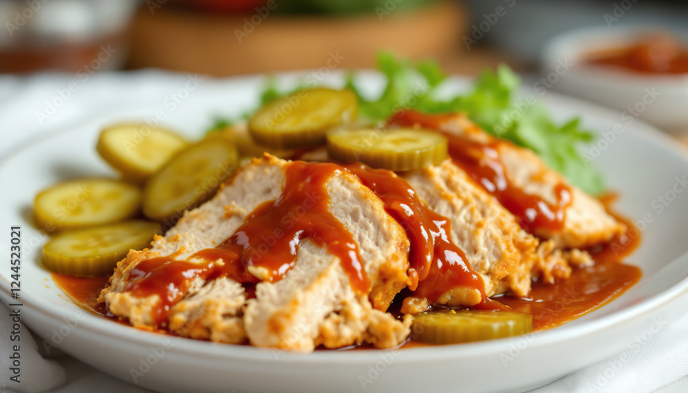 Delicious Bbq Pulled Chicken Slices with Pickles Delicious Bbq Pulled Chicken Slices with Pickles