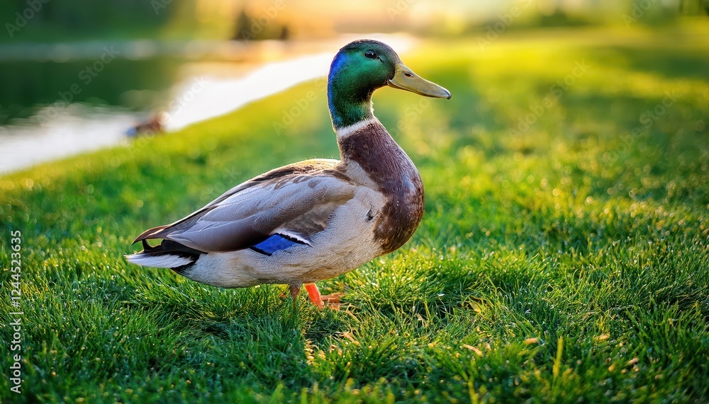 Tranquil Mallard Duck Ambling through a Lush Park Scene by the Serene Lake or River at Sunset, Capturing the Peace and Beauty of Natures Wildlife in the Heart of Autumn. Tranquil Mallard Duck Ambling through a Lush Park Scene by the Serene Lake or River at Sunset, Capturing the Peace and Beauty of Natures Wildlife in the Heart of Autumn.
