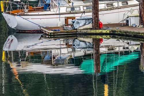 White sailboat reflection, Gig Harbor, Pierce County, Washington State.