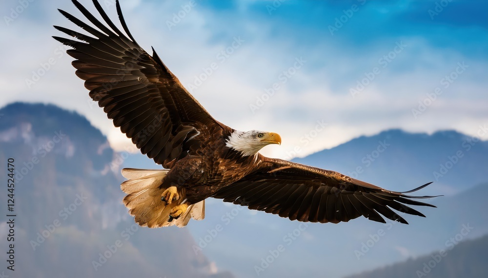 Majestic Bald Eagle Soaring Above Striking Mountain Peaks, Brilliant against the Deep Crimson Sunset Sky, Showcasing a Powerful Display of Grace and Freedom. Majestic Bald Eagle Soaring Above Striking Mountain Peaks, Brilliant against the Deep Crimson Sunset Sky, Showcasing a Powerful Display of Grace and Freedom.