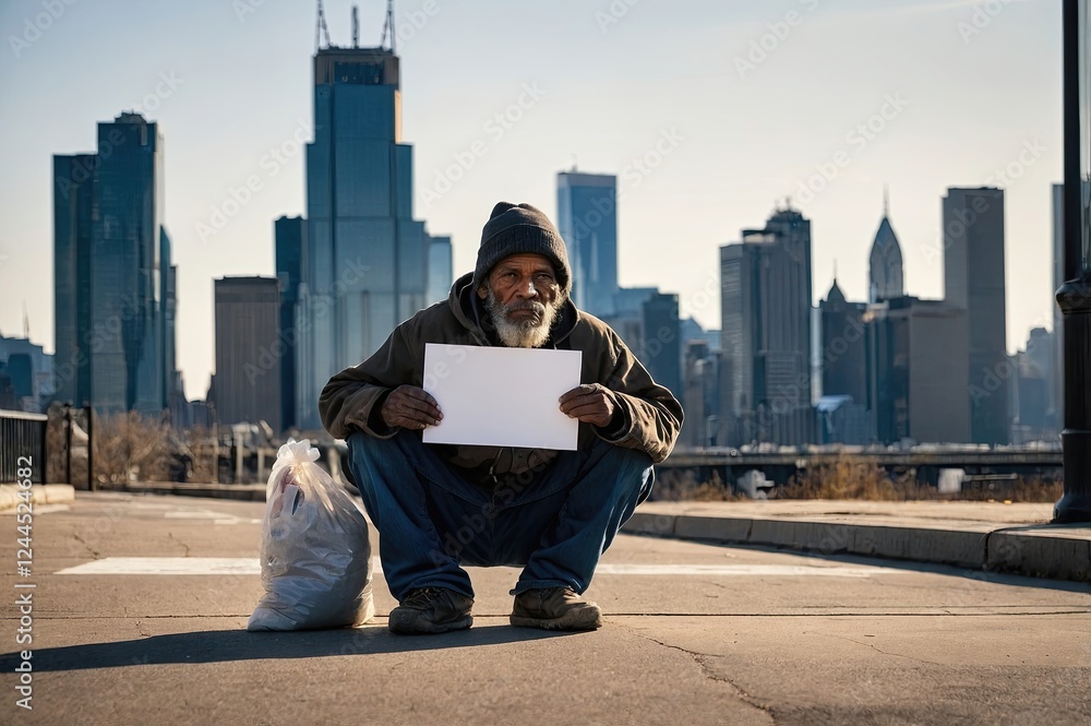Homeless man holding a blank sign in a cityscape during daytime Homeless man holding a blank sign in a cityscape during daytime