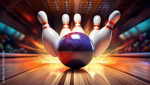 close up of a bowling ball hitting pins scoring a strike bottom view and action shot ten pin bowling game concept generative ai