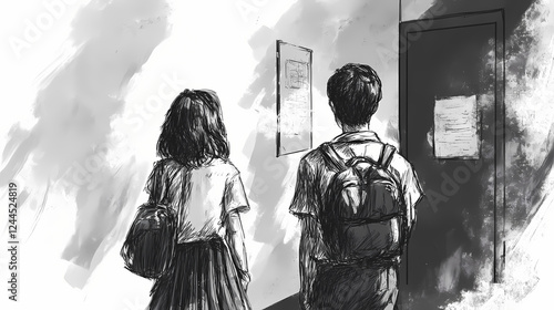 Black and white school day sketches: a visual narrative of youthful encounters and planning. Narrative Sequences. Illustration