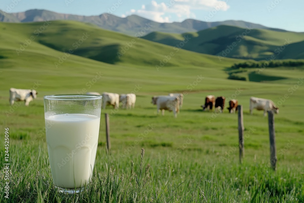Fresh Milk in Glass Surrounded by Green Pastures and Grazing Cows Under Blue Sky Fresh Milk in Glass Surrounded by Green Pastures and Grazing Cows Under Blue Sky