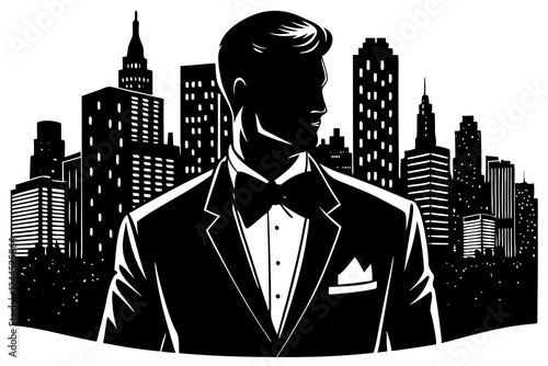 Stylish man in tuxedo with bowtie looks out over the cityscape