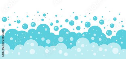 Cartoon blue foam bubble background, bath soap pattern, water soda border, wash frame, laundry suds. Shampoo splash, baby shower, sea underwater, drink fizz bg. Abstract vector illustration