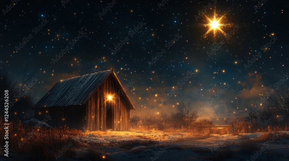 A rustic wooden stable surrounded by the stillness of night, under a vibrant starry sky with a radiant star shining brightly, magical light emanating from within A rustic wooden stable surrounded by the stillness of night, under a vibrant starry sky with a radiant star shining brightly, magical light emanating from within