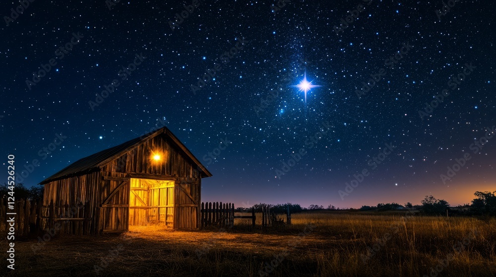 A rustic wooden stable surrounded by the stillness of night, under a vibrant starry sky with a radiant star shining brightly, magical light emanating from within A rustic wooden stable surrounded by the stillness of night, under a vibrant starry sky with a radiant star shining brightly, magical light emanating from within