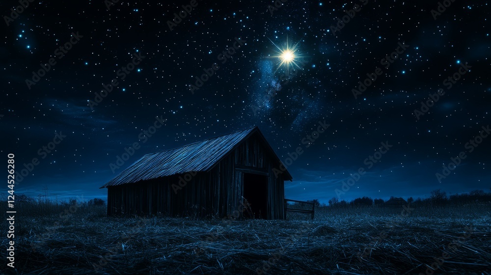 A rustic wooden stable surrounded by the stillness of night, under a vibrant starry sky with a radiant star shining brightly, magical light emanating from within A rustic wooden stable surrounded by the stillness of night, under a vibrant starry sky with a radiant star shining brightly, magical light emanating from within