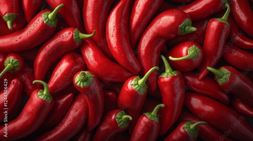 Fresh Red Chili Peppers with Water Droplets in a Vibrant Close-Up for Spicy Food and Culinary Ingredients Content Fresh Red Chili Peppers with Water Droplets in a Vibrant Close-Up for Spicy Food and Culinary Ingredients Content