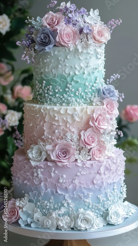 A three-tier wedding cake adorned with pastel ombre hues of mint green, baby blue, blush pink, and lavender, decorated with delicate sugar flowers. photo