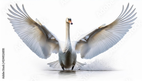 Graceful White Swan in Flight Against a Pure White Background, Showcasing Wide Spread Wings and Soaring Power, Embracing the Spirit of Serenity and Beauty. photo