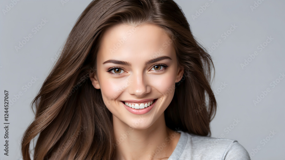 Naklejka premium Smiling woman with long hair against gray background