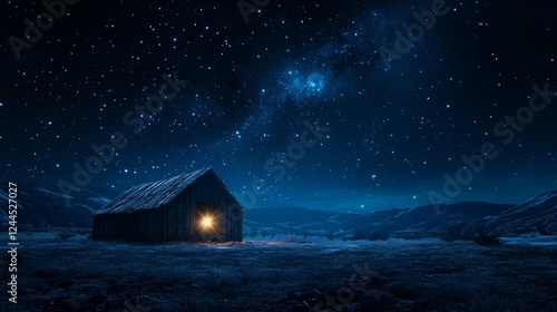 A humble wooden stable glowing under the light of a brilliant star, surrounded by a vast starry night sky, serene and timeless atmosphere  photo