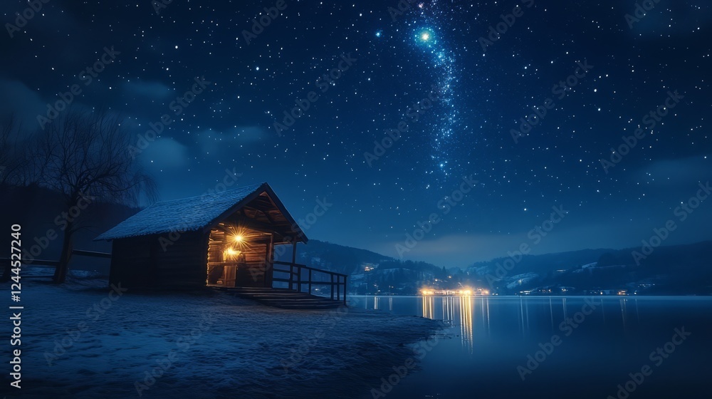 A wooden stable under the vast expanse of the starry heavens, glowing gently with divine light, a peaceful and sacred scene A wooden stable under the vast expanse of the starry heavens, glowing gently with divine light, a peaceful and sacred scene