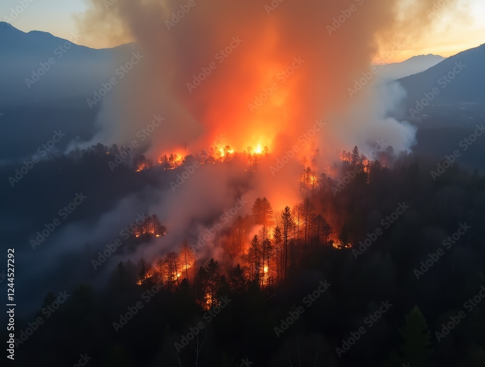Fototapeta premium Intense Forest Fire Spreading Across Mountain Landscape