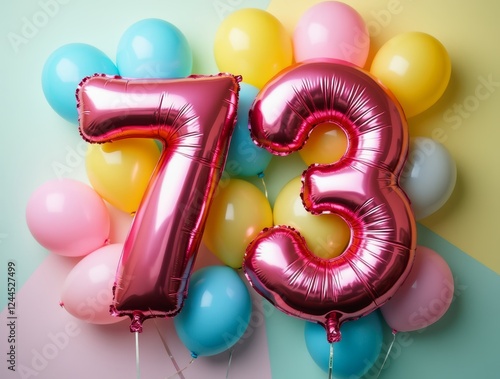 Colorful balloons forming the number 73 for a birthday celebration photo