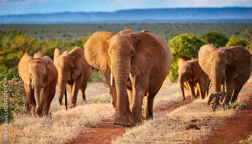 Majestic Elephant Herd Roaming Freely in Addo Elephant National Park at Dusk, Beneath a Canopy of African Savannah Trees photo