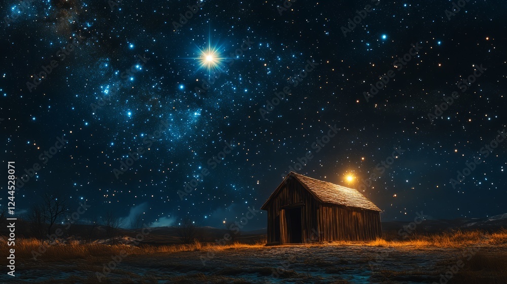 A rustic wooden stable bathed in the light of a brilliant celestial star, surrounded by a stunning star-filled night sky, peaceful and timeless A rustic wooden stable bathed in the light of a brilliant celestial star, surrounded by a stunning star-filled night sky, peaceful and timeless