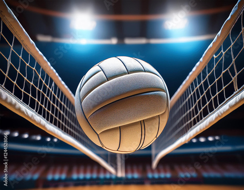 close up and bottom view of a white leather volleyball ball as it flies over the volleyball net viewed from below in a volleyball arena during an indoor match generative ai photo