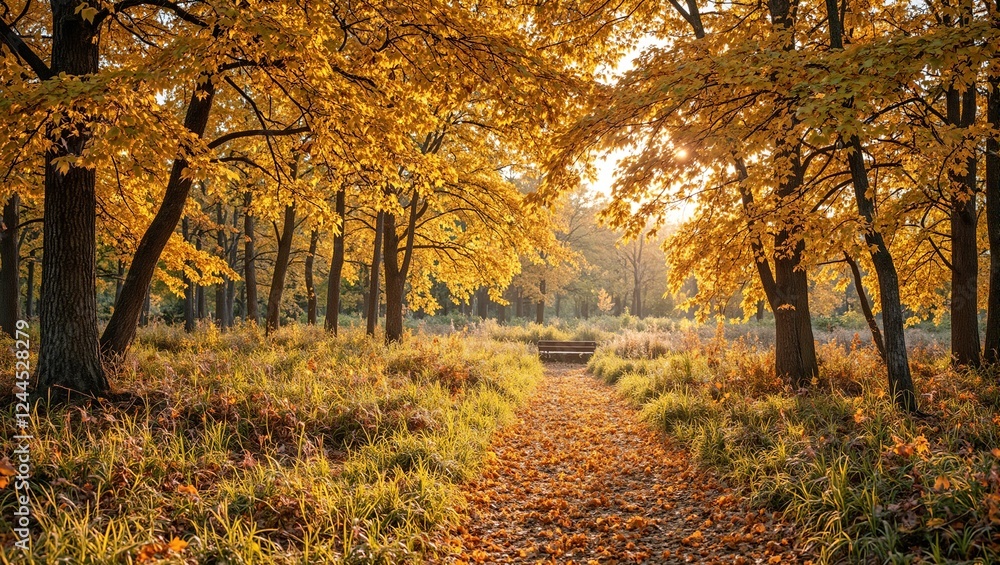 Fototapeta premium Experience the stunning beauty of fall with this vibrant image of an autumn forest golden leaves crisp air and warm sunlight filtering through the trees