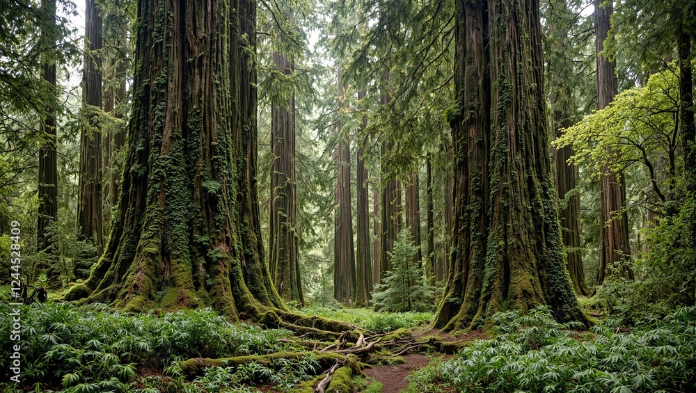 Obraz premium Majestic redwood forest with towering trees draped in ivy surrounded by lush ferns on the forest floor