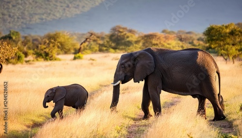 Intimate Moment Elephant Family in the African Savannah at Sunset, South Africa